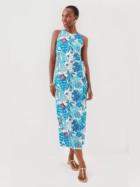 Lilly Pulitzer Estela Midi Tie-Wrap Dress Breezy Aqua Best Fronds Forever Print
